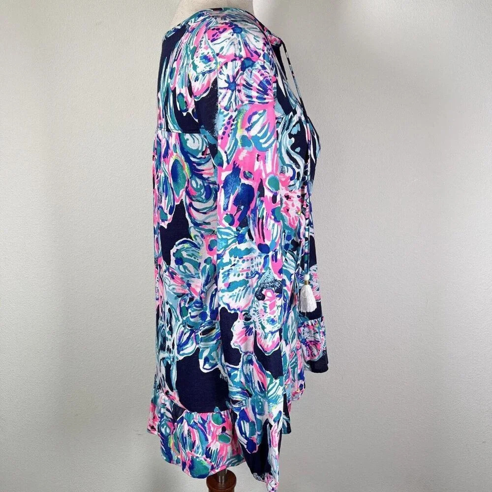 Lilly Pulitzer Top Blouse Size XS Blue Pink Long Sleeve Beach Tropical Fish - Picture 4 of 14